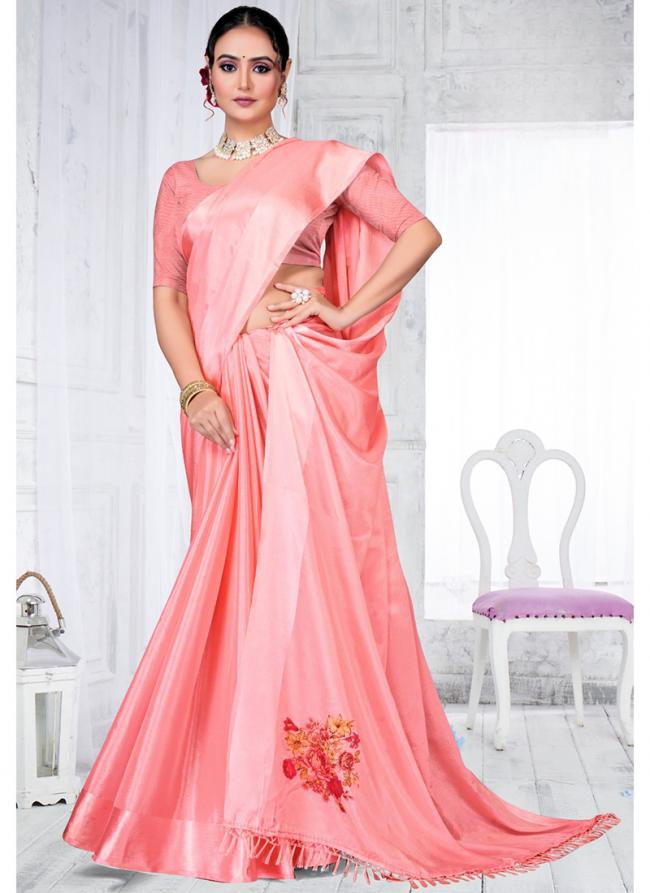 Chinon Peach Festival Wear Embroidery Work Saree